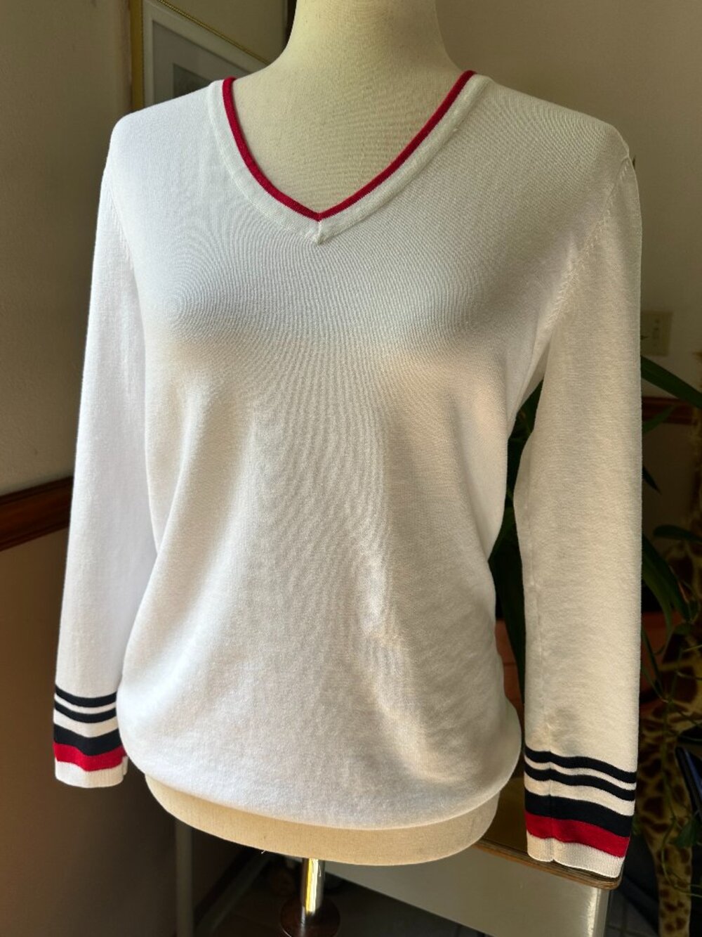 Tommy Hilfiger White V Neck Sweater with Red and Blue Trim, Like New, M
